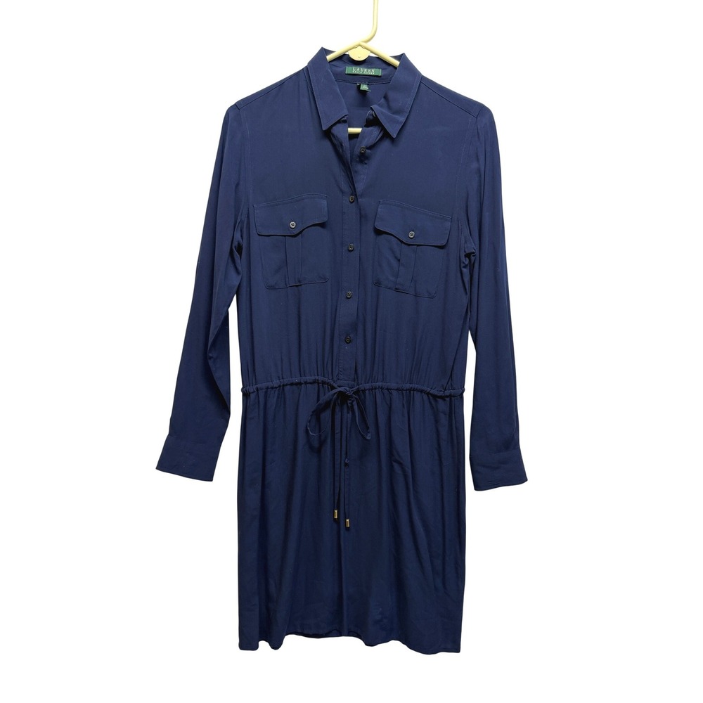 Lauren Ralph Lauren Shirt Dress Drawstring Waist 8 Navy Blue Women